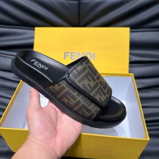 Fendi FF Monogram Black and Brown Slide Slippers