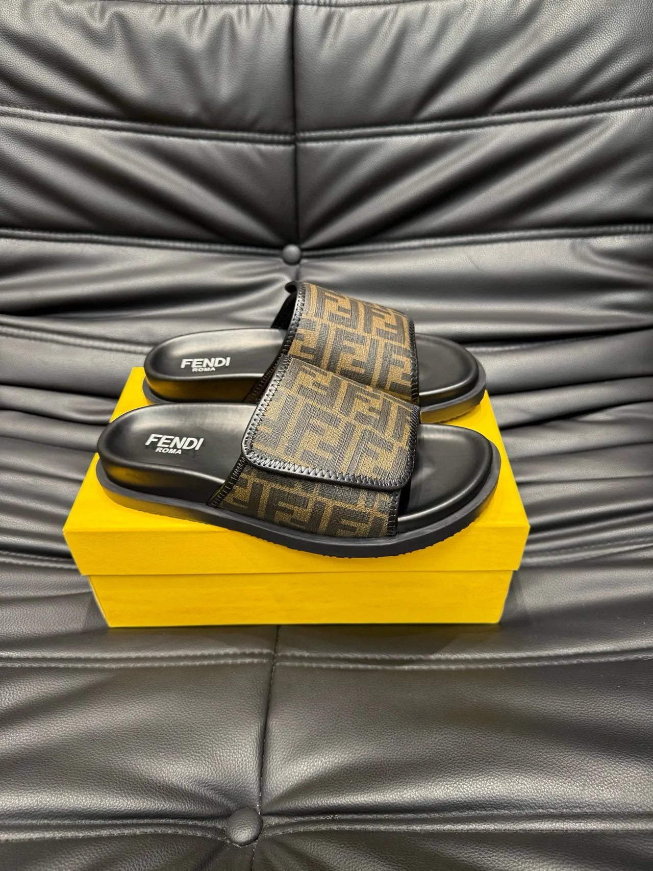 Fendi FF Monogram Black and Brown Slide Slippers 4