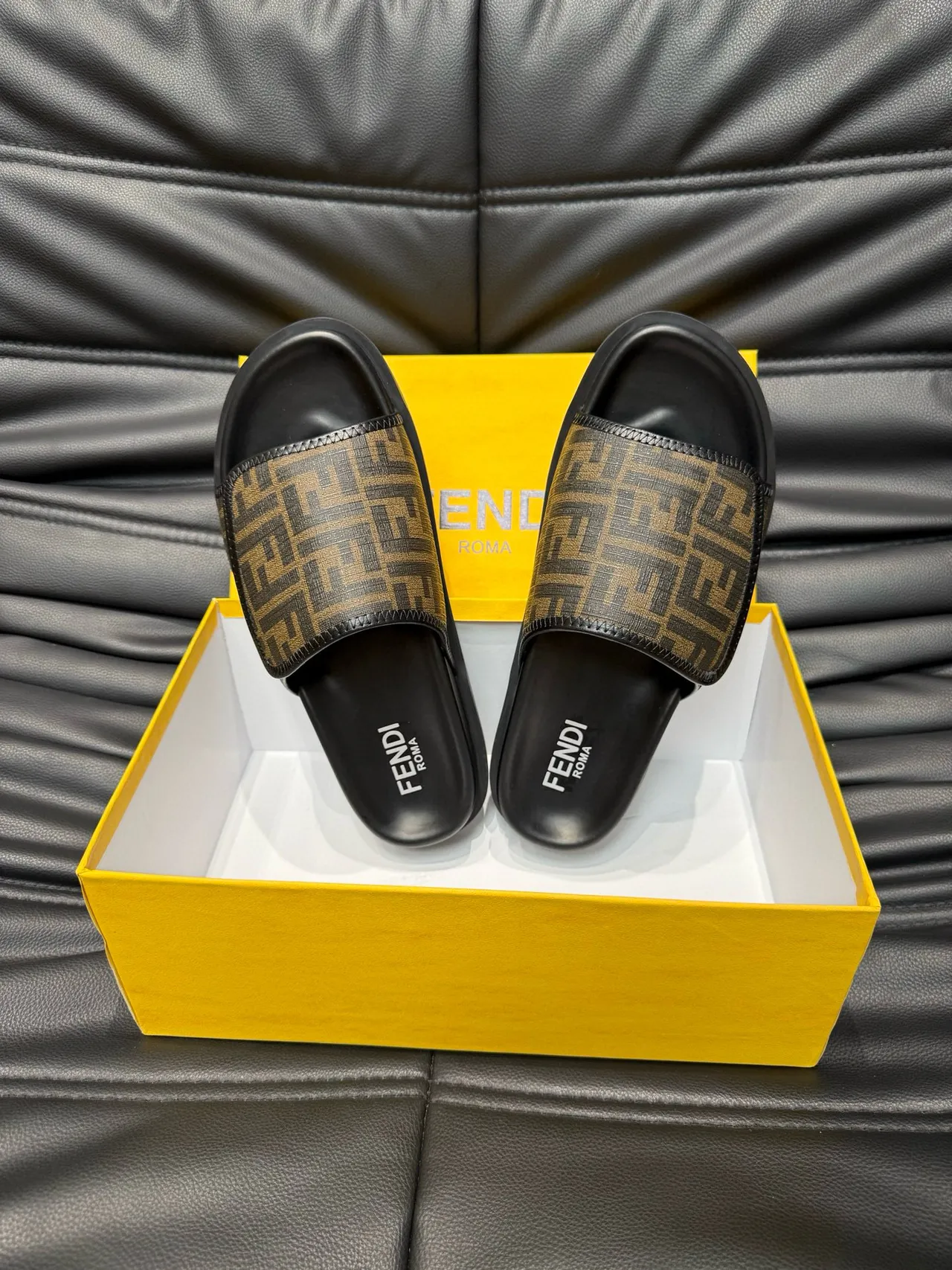 Fendi FF Monogram Black and Brown Slide Slippers 5