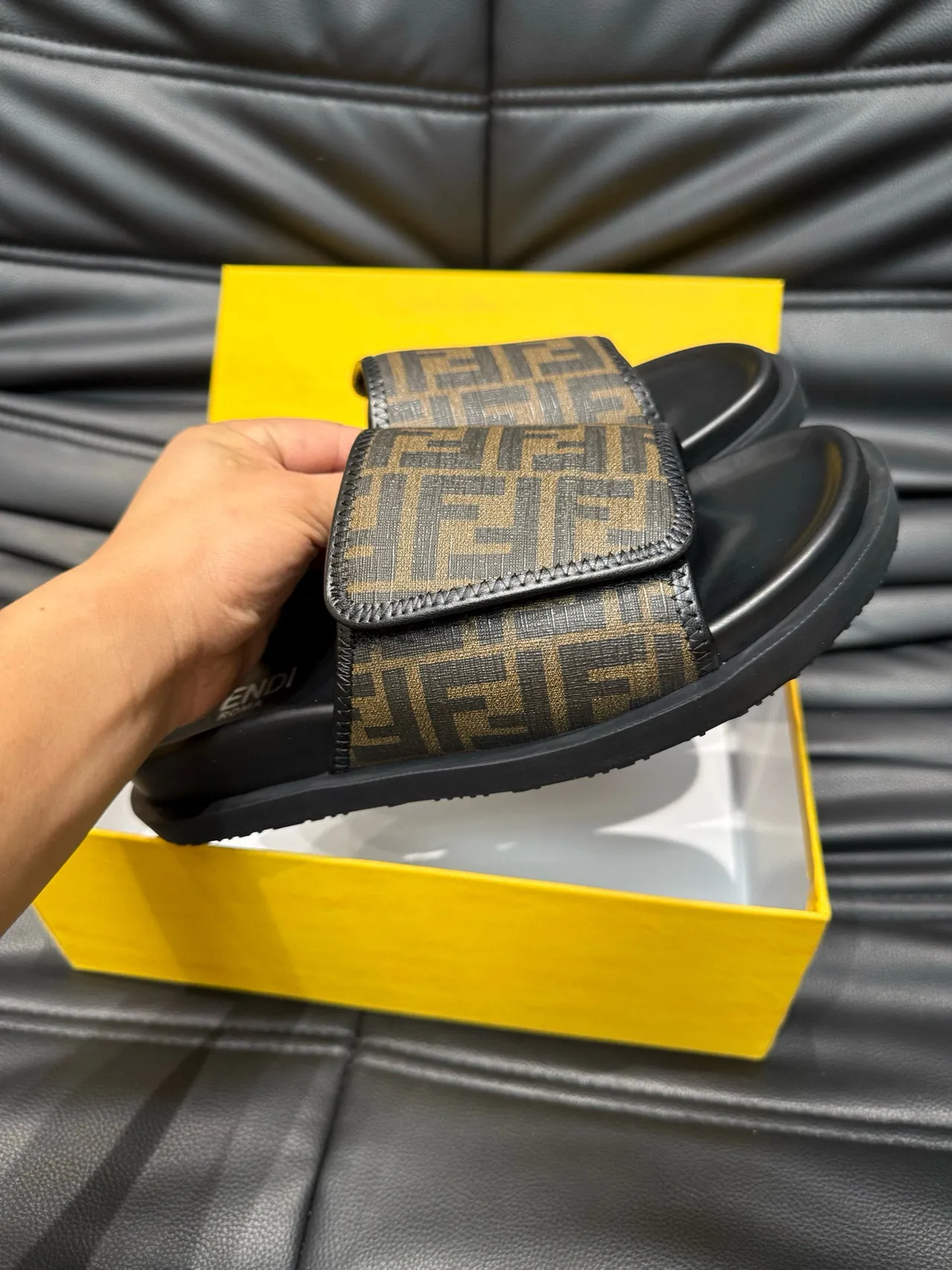 Fendi FF Monogram Black and Brown Slide Slippers 6