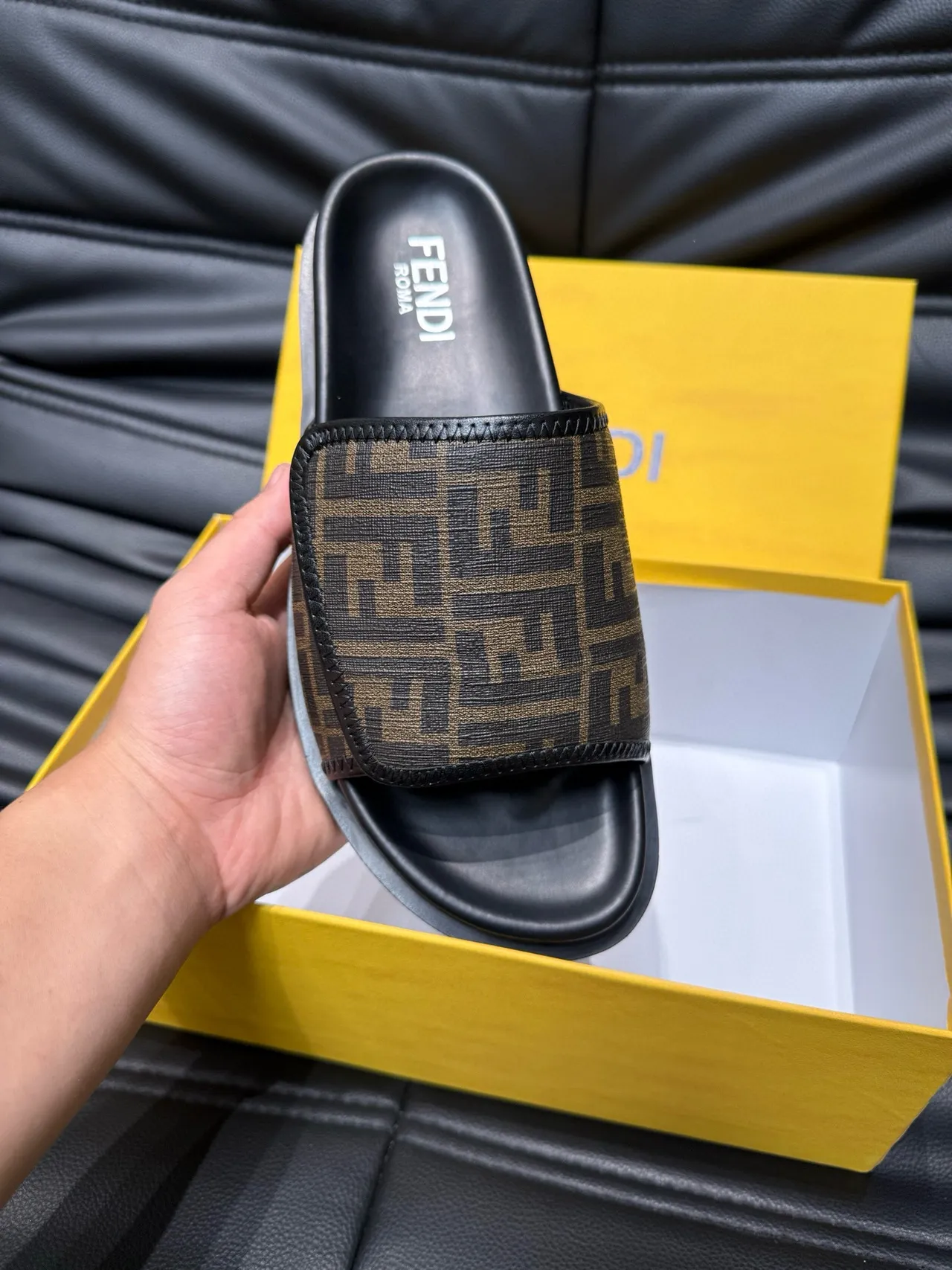 Fendi FF Monogram Black and Brown Slide Slippers 7
