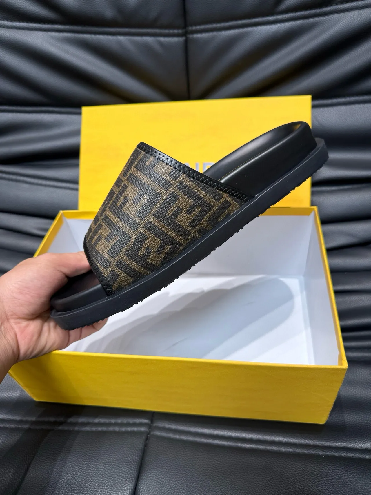 Fendi FF Monogram Black and Brown Slide Slippers 8