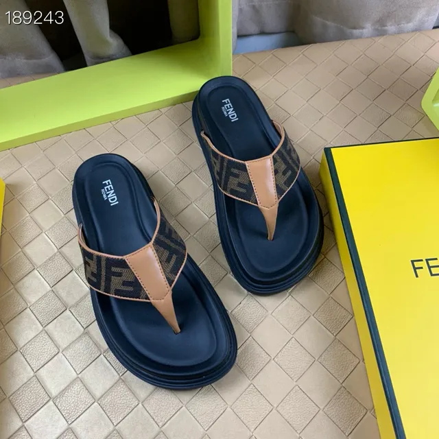 Fendi FF مونوغرام نعال منصة بني فاتح مع حافة أزرق بحري 4