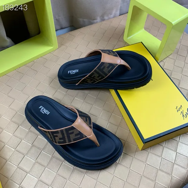 Fendi FF مونوغرام نعال منصة بني فاتح مع حافة أزرق بحري 7