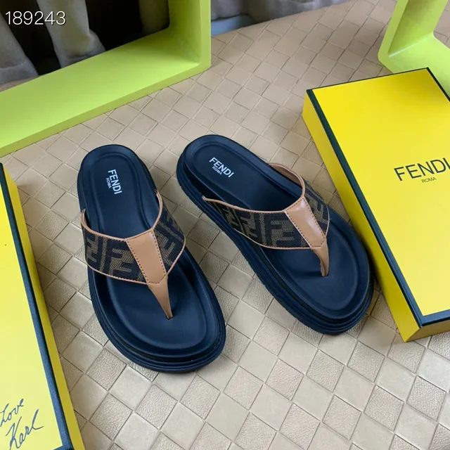 Fendi FF مونوغرام نعال منصة بني فاتح مع حافة أزرق بحري 8