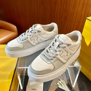 Fendi FF Runner White Gray Leather Upper Perforated Toe Cap Lifestyle Sneakers
