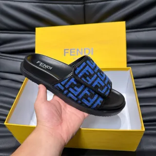 Fendi FF Slide Blue and Black Monogram Slippers