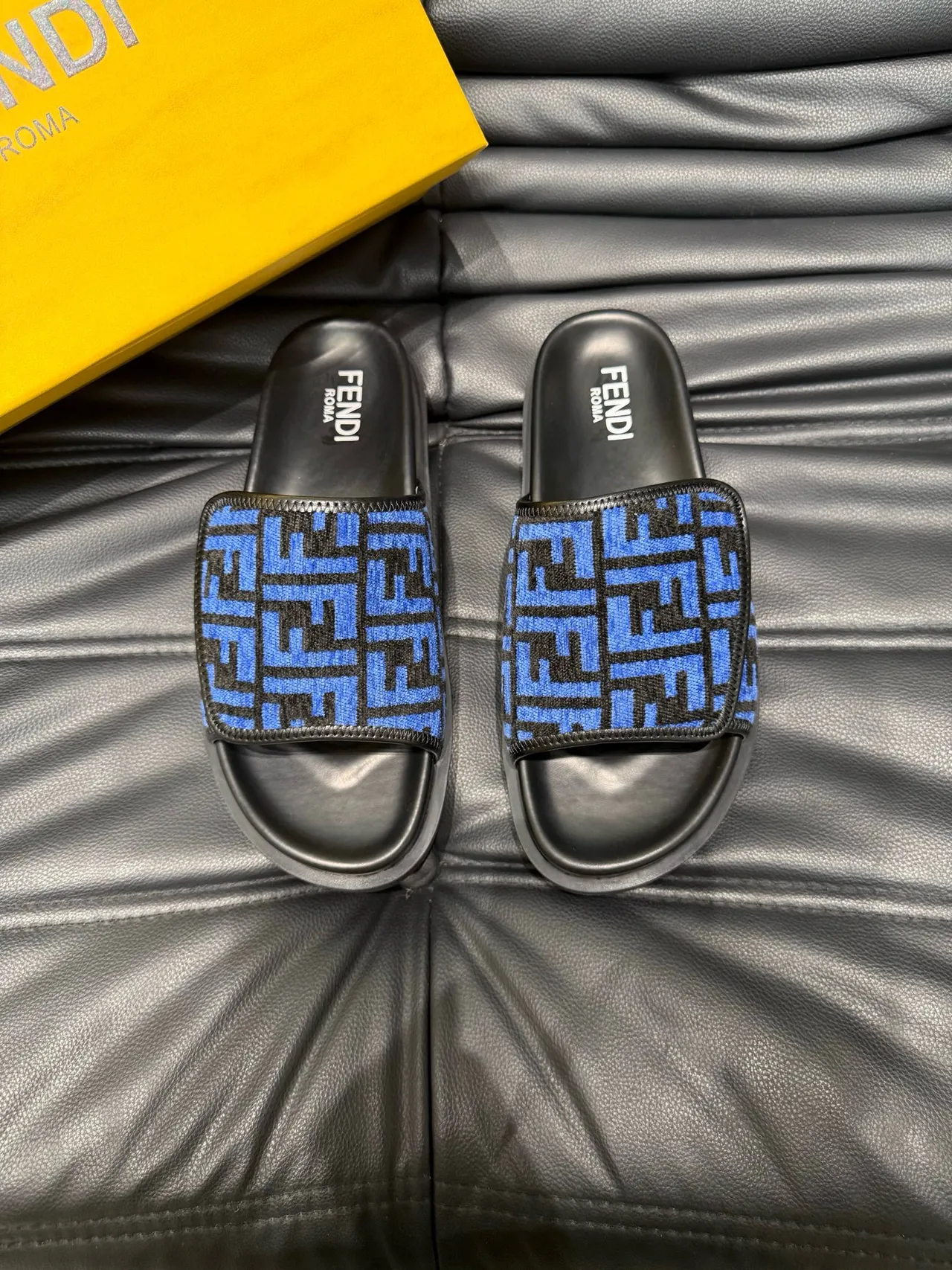 Fendi FF Slide Blue and Black Monogram Slippers 2