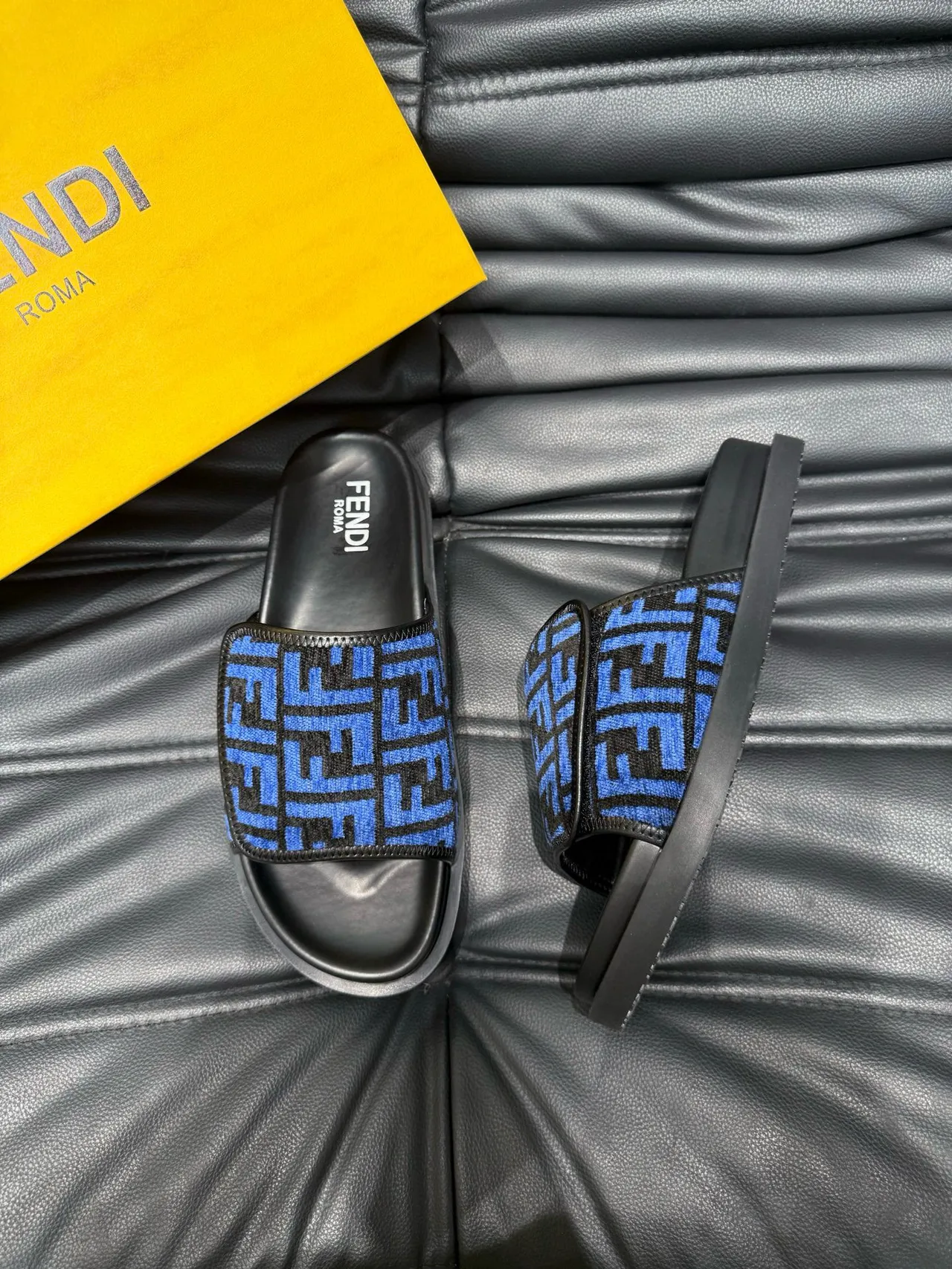 Fendi FF Slide Blue and Black Monogram Slippers 3