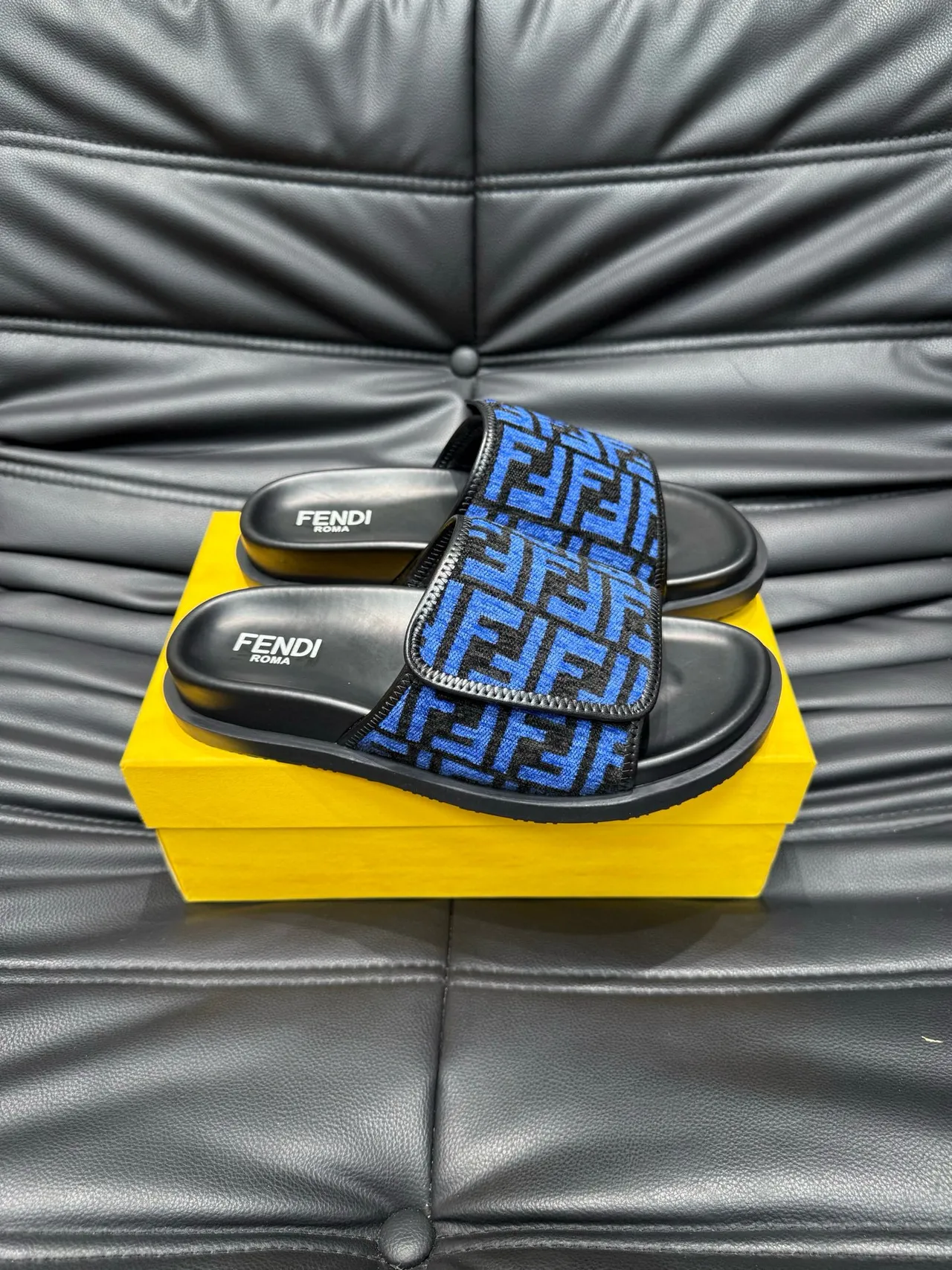 Fendi FF Slide Blue and Black Monogram Slippers 4
