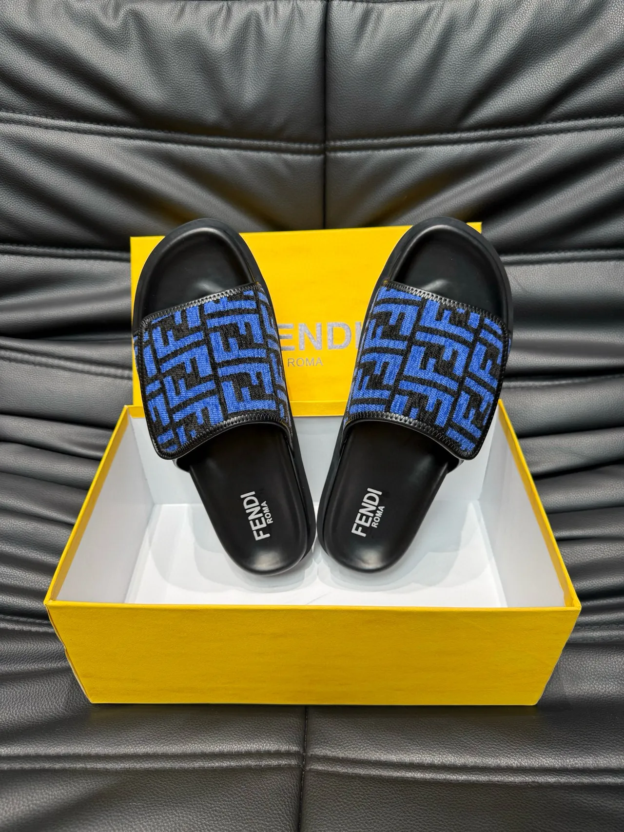 Fendi FF Slide Blue and Black Monogram Slippers 6