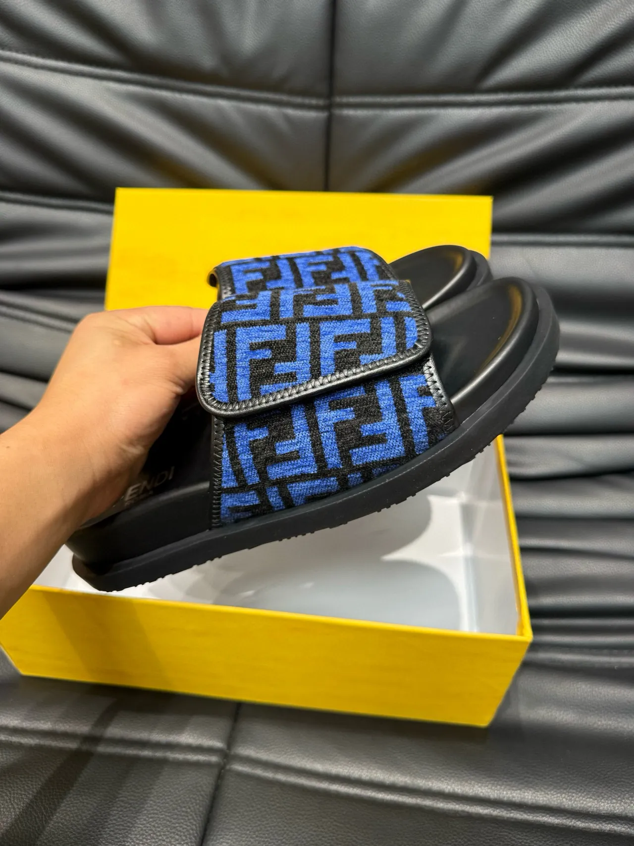 Fendi FF Slide Blue and Black Monogram Slippers 7