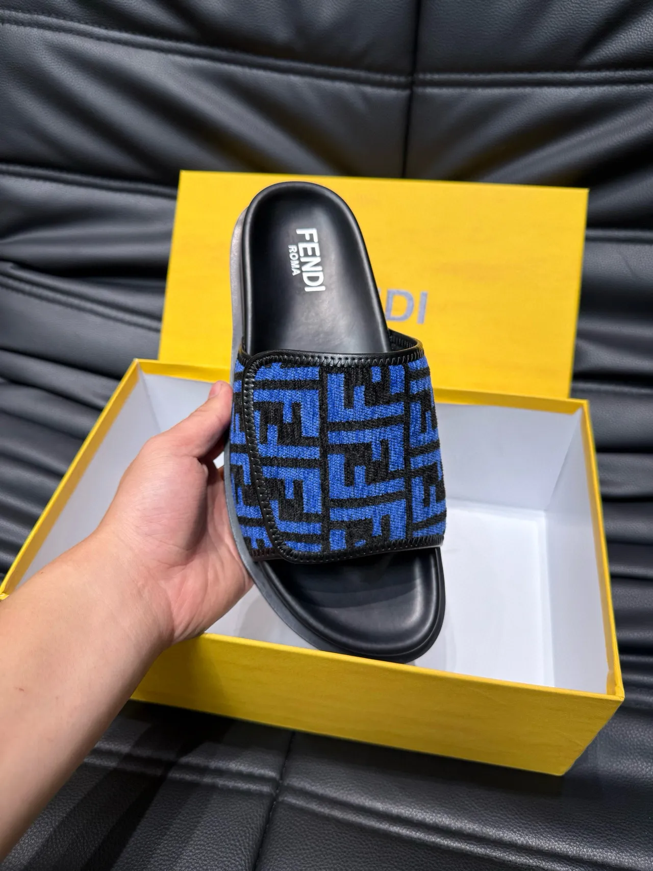 Fendi FF Slide Blue and Black Monogram Slippers 8