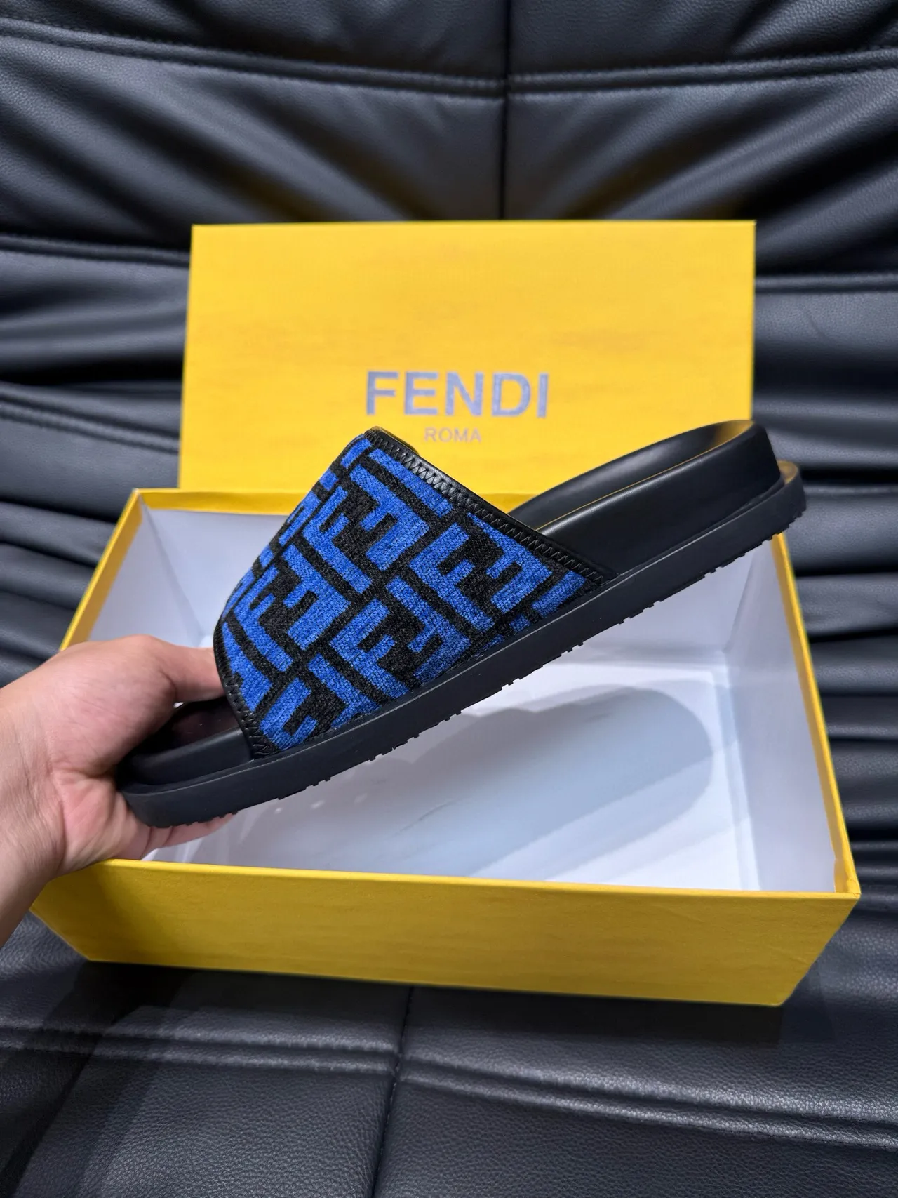 Fendi FF Slide Blue and Black Monogram Slippers 9