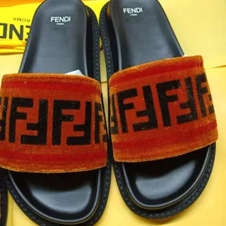 Fendi FF Slide Orange Black Velvet Strap Logo Repeat Slippers