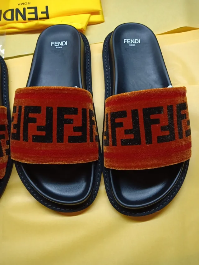 Fendi FF Slide Orange Noir Velours Sangle Logo Repeat chaussons 2