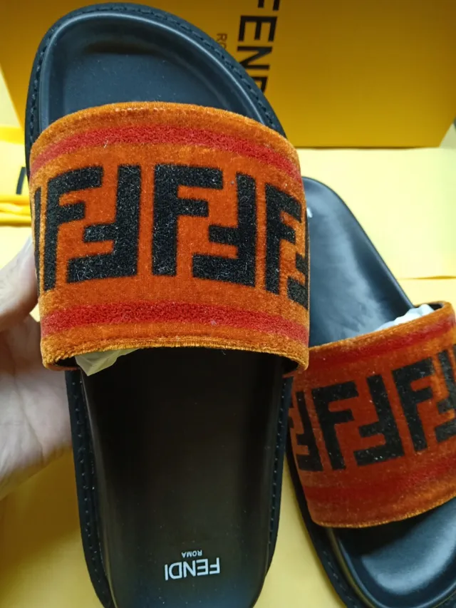 Fendi FF Slide Orange Noir Velours Sangle Logo Repeat chaussons 5