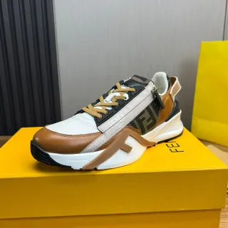 Fendi First White Brown Layered Leather And Monogram Fabric Side Zipper Closure Chunky Sneakers