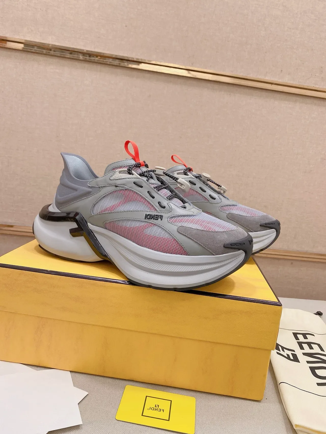 Fendi Gray Pink Sculpted Layered Sole Grid-Mesh Overlay Sneakers 5