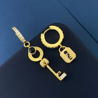 Fendi Lock & Key Asymmetrical Gold-Tone Crystal and Onyx Earrings