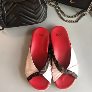 Fendi Red White Twisted FF-Logo Strap Color-Blocked Slippers