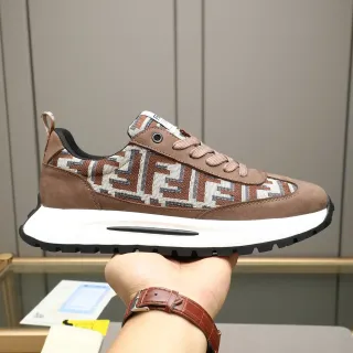 Fendi Runner Brown Beige FF Jacquard Textile Suede Overlays Lifestyle Sneakers