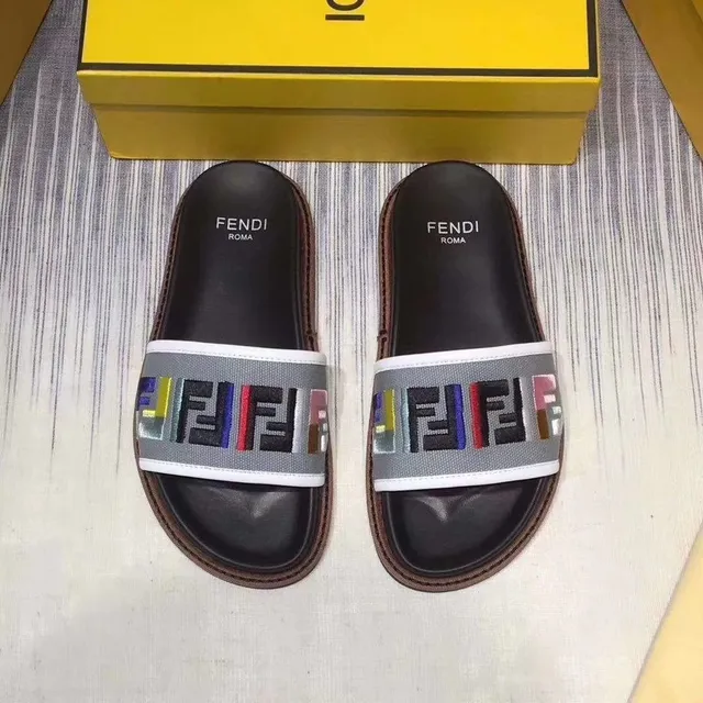 Fendi Slide Black Multicolor FF-Logo Strap Flat Silhouette Slippers 1
