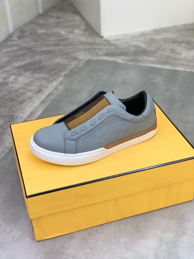 Fendi Tênis Slip-On Cinza Marrom Construção Couro Pebbled Superior Tênis Lifestyle 4