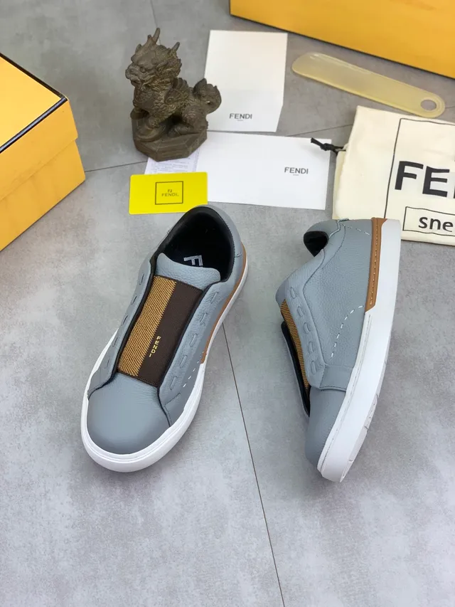 Fendi Tênis Slip-On Cinza Marrom Construção Couro Pebbled Superior Tênis Lifestyle 5