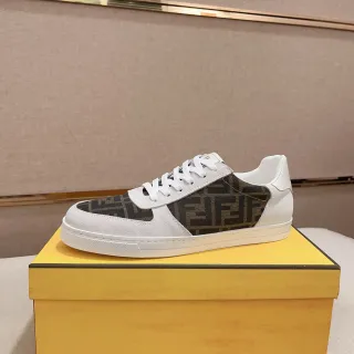 Fendi White Brown Low-Top Suede And Printed Fabric Upper Lifestyle Sneakers