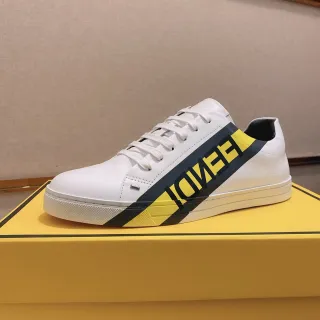 Fendi White Yellow Leather Upper Diagonal Logo Stripe Lifestyle Sneakers