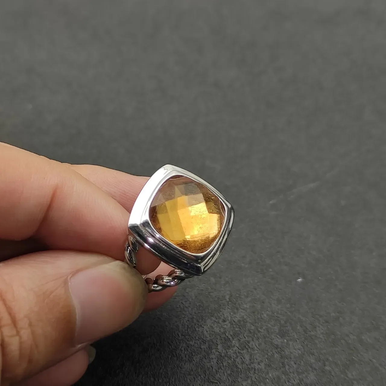 Amber Faceted Cushion-Cut Stone Twisted Rope Band Statement Ring 5