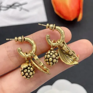 Antique-Finish Gold-Tone Berry and Leaf Charm Hoop Earrings