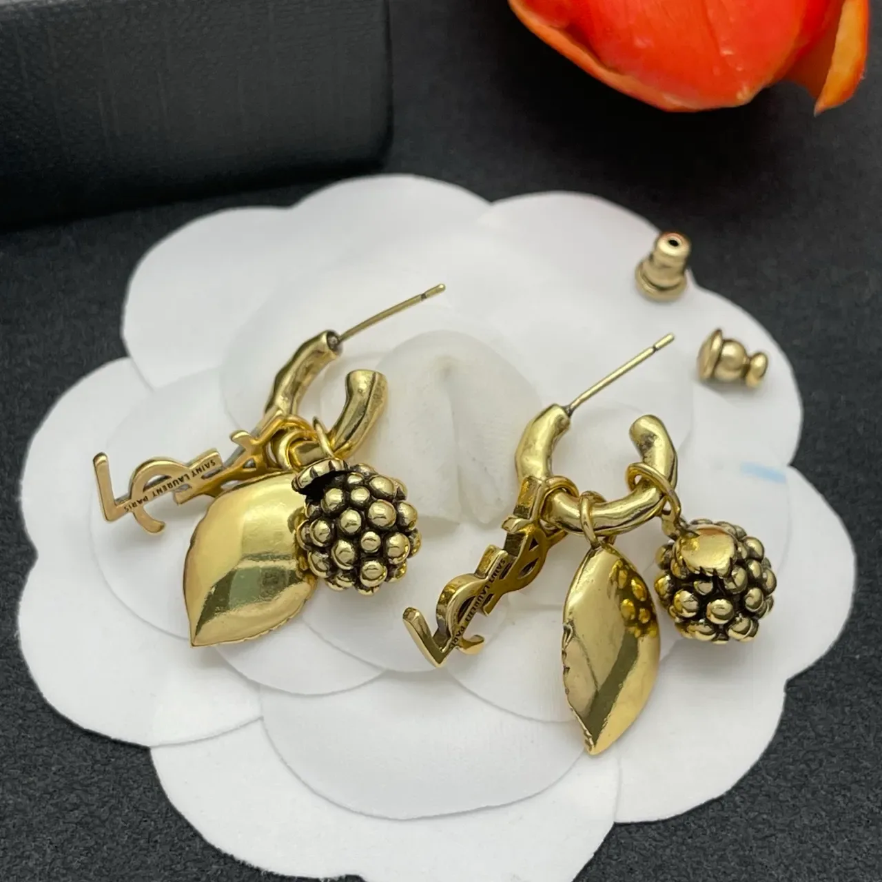 Antique-Finish Gold-Tone Berry and Leaf Charm Hoop Earrings 3