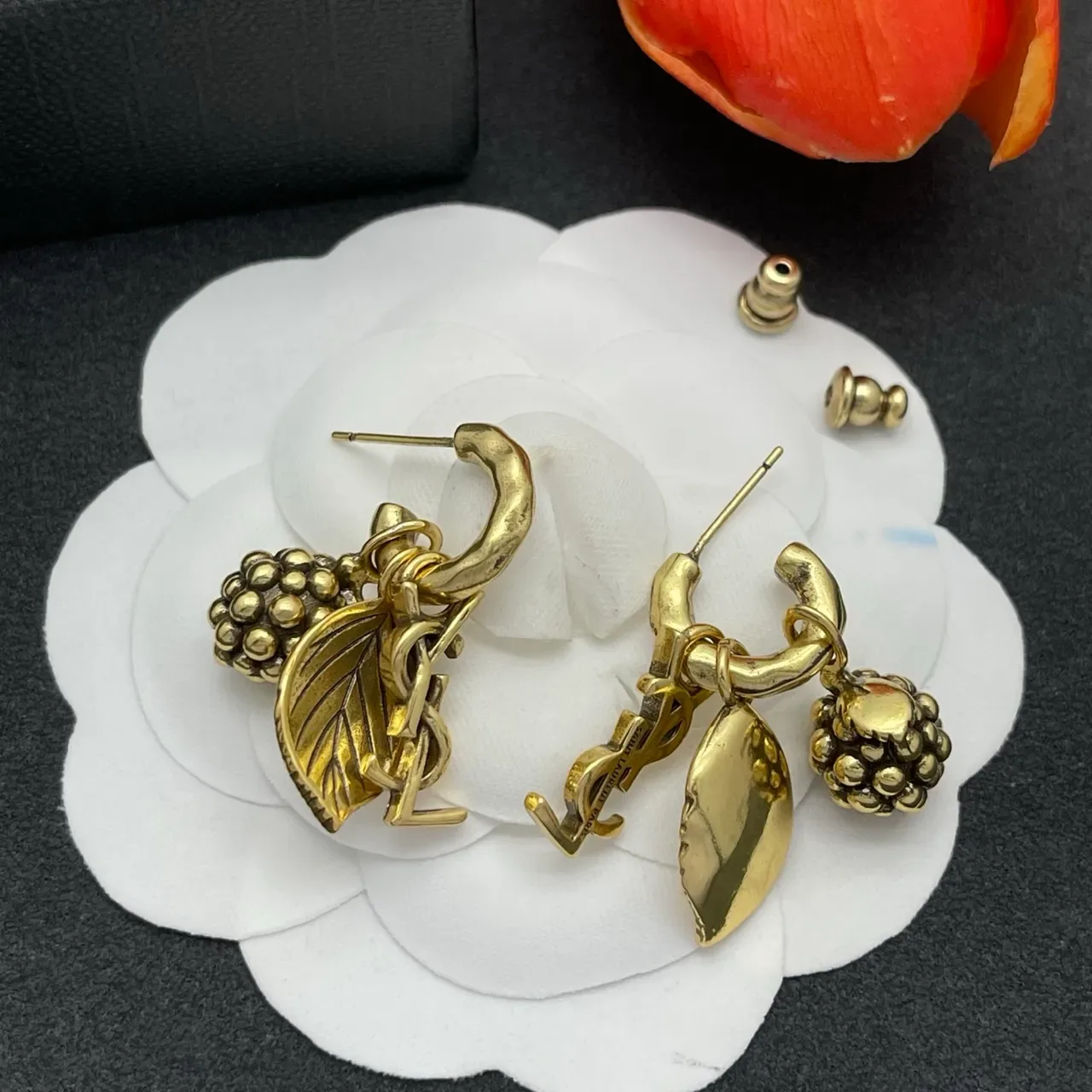 Antique-Finish Gold-Tone Berry and Leaf Charm Hoop Earrings 4