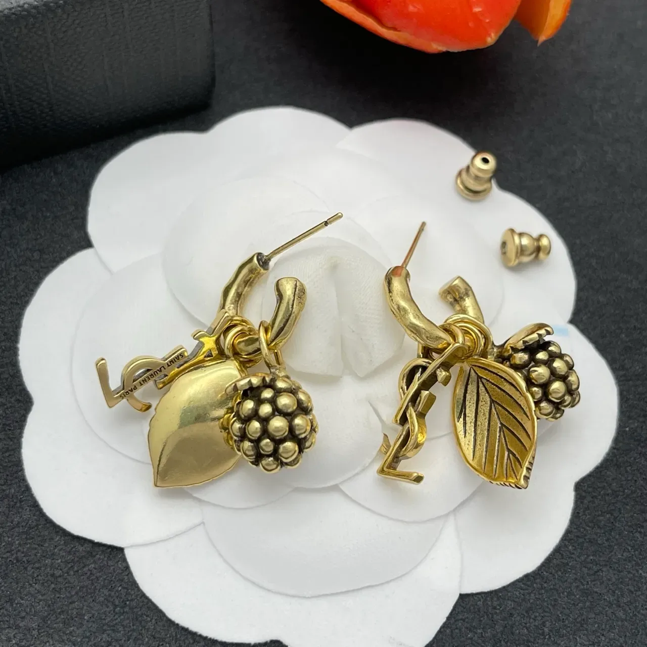 Antique-Finish Gold-Tone Berry and Leaf Charm Hoop Earrings 5
