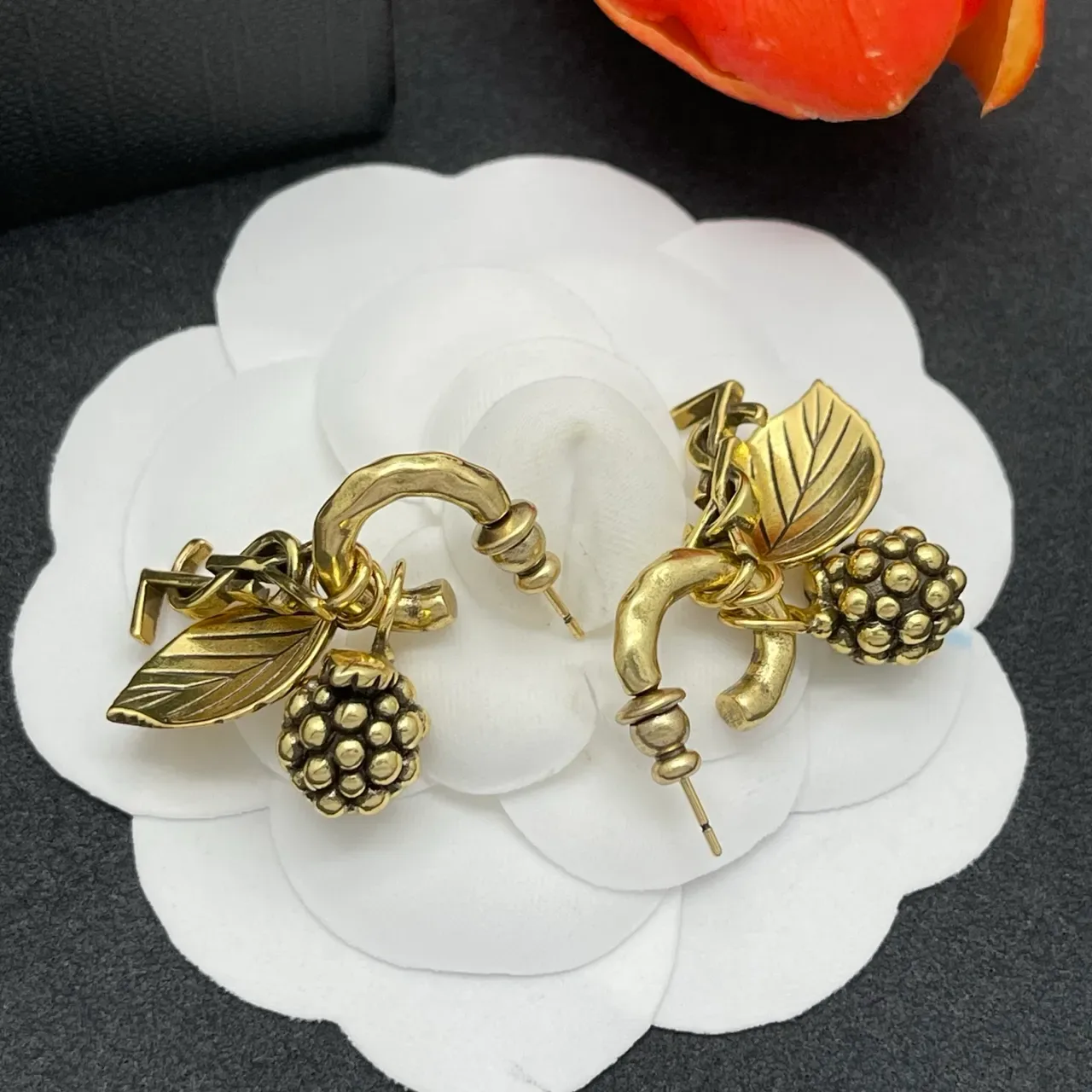 Antique-Finish Gold-Tone Berry and Leaf Charm Hoop Earrings 6