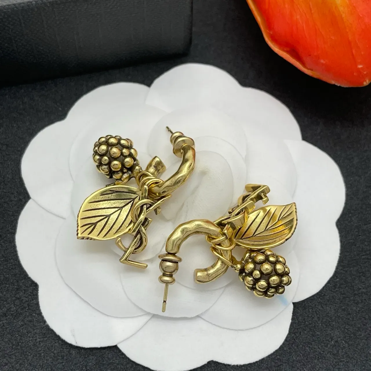 Antique-Finish Gold-Tone Berry and Leaf Charm Hoop Earrings 7