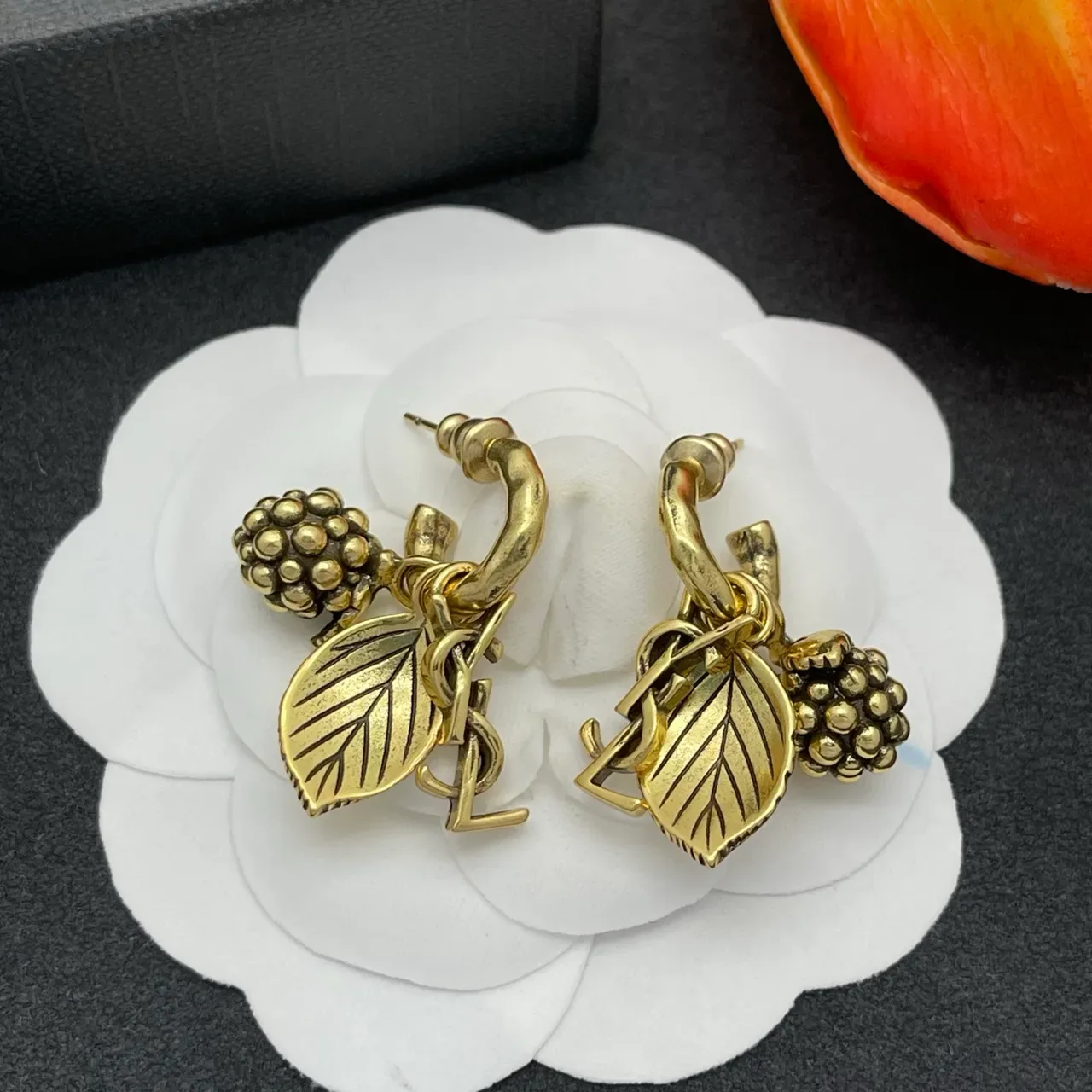 Antique-Finish Gold-Tone Berry and Leaf Charm Hoop Earrings 8