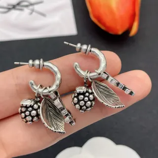 Antiqued Silver Blackberry and Leaf Charm Hoop Earrings