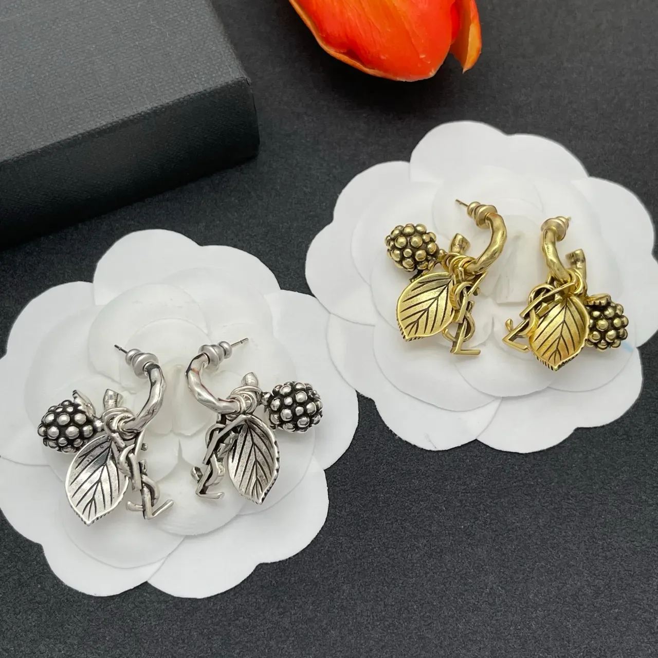 Antiqued Silver Blackberry and Leaf Charm Hoop Earrings 2