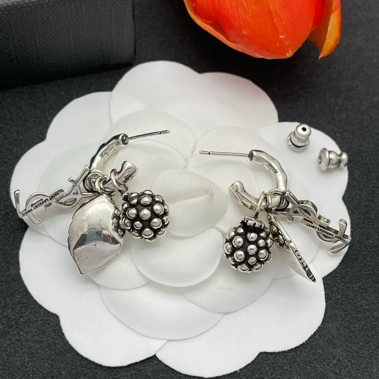 Antiqued Silver Blackberry and Leaf Charm Hoop Earrings 3