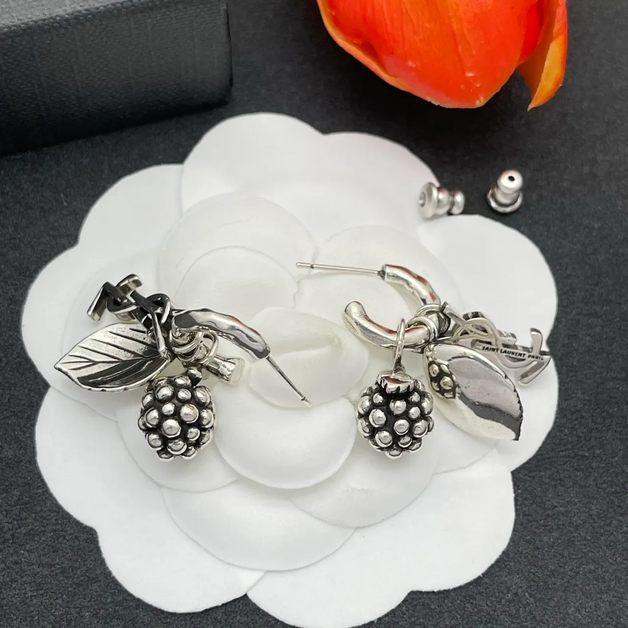 Antiqued Silver Blackberry and Leaf Charm Hoop Earrings 5