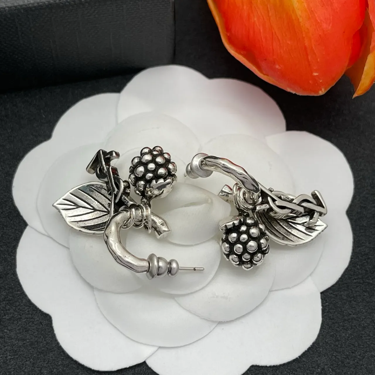 Antiqued Silver Blackberry and Leaf Charm Hoop Earrings 6