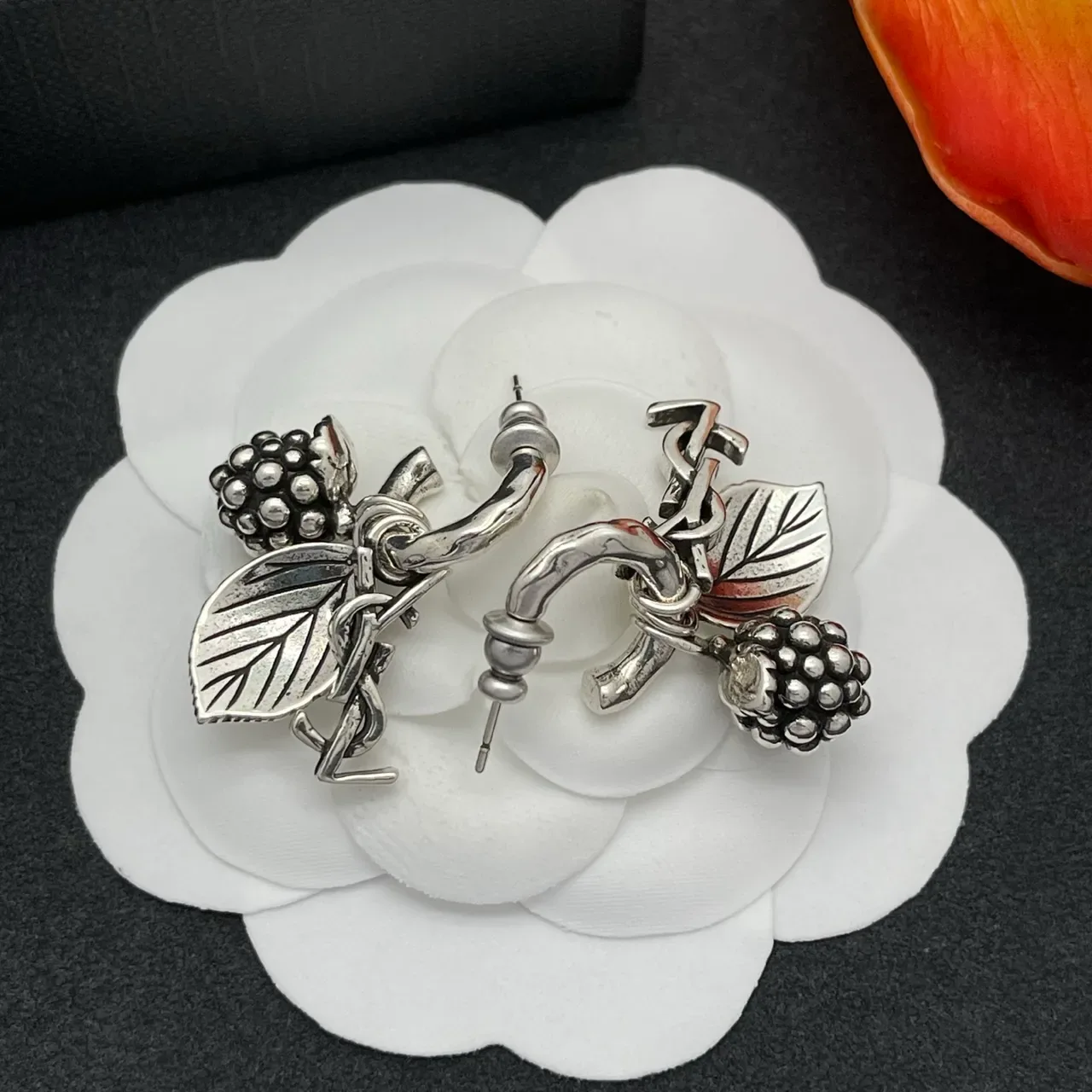 Antiqued Silver Blackberry and Leaf Charm Hoop Earrings 7