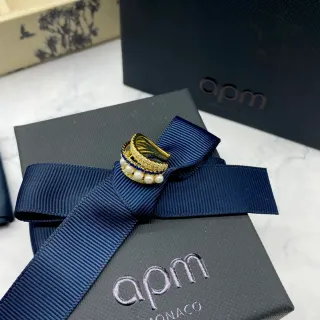 apm Monaco Gold Navy Stacked Multi-Band Pearl And Crystal Embellished Ring