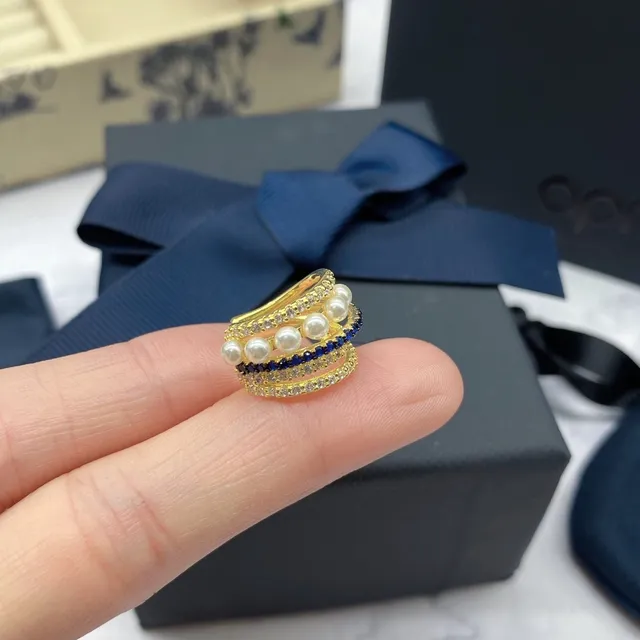 apm Monaco Gold Navy Stacked Multi-Band Pearl And Crystal Embellished Ring 4