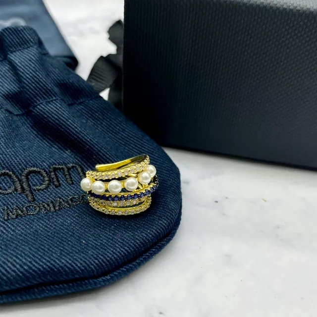 apm Monaco Gold Navy Stacked Multi-Band Pearl And Crystal Embellished Ring 5