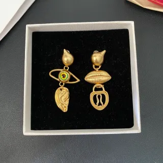 Asymmetrical Sculptural Gold-Tone Enamel Eye Earrings