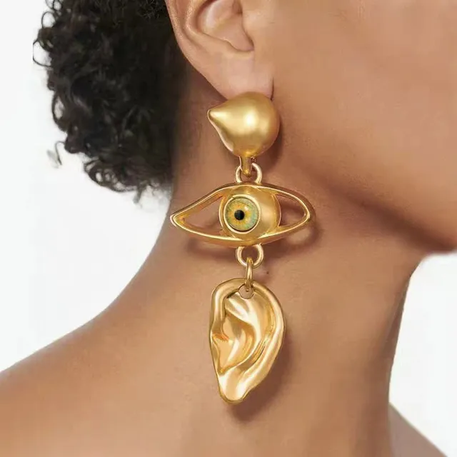 Asymmetrical Sculptural Gold-Tone Enamel Eye Earrings 2